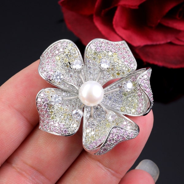 Exquisite Women's Pearl Brooch for Mom/Mother's Day Gift/Silver Sakura Brooch/Diamond Bouquet Brooch/Holiday Presen/Gift for Girlfriend/Pin