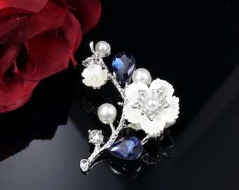 Regalo del día de la madre/broche de flor de ciruelo de perla de zafiro azul/broche de ramo/broche de ramo de boda de perla de cristal azul/regalo para ella/broche