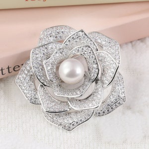 Silver Camellia Brooch/Women's Pearl Brooch/Unique Brooch/Full-Diamond Camellia Brooch/Natural Flower Brooch/Holiday Gift/Gift for Mom/Pin