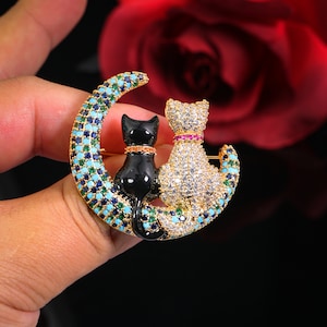 Broche ouder-kind kat maan/moeder-zoon kat broche/broche kristal/broche dames/decoratieve broche/kleurrijke zirkoon broche/cadeau voor moeder/pin