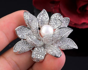 Broche de perlas de circón de loto de plata/broche de arte decorativo de fiesta de las mujeres/broche de ramo/broche de vestido único/regalo del día de la madre/broche de novia/pin