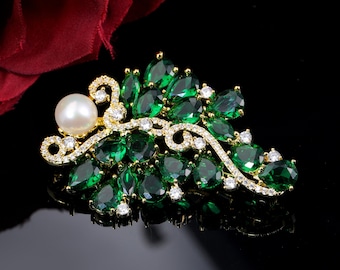 Original Design Emerald Pearl Brooch/Mother's Day Gift/Freshwater Pearl Brooch/Exquisite Crystal Brooch/Green Vintage Decorative Brooch/Pin