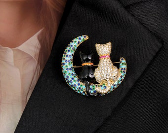 Parent-Child Cat Moon Brooch/Mother-Son Cat Brooch/Crystal Brooch/Women's Brooch/Decorative Brooch/Colorful Zircon Brooch/Gift for Mom/pin