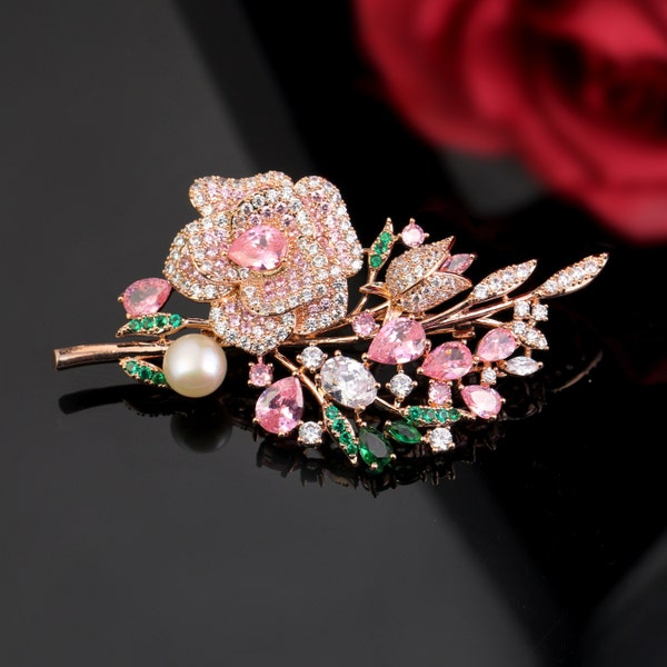 Pink Rose Flower Brooch/Women's Crystal Brooch/Floral Brooch/Full-Diamond Colorful Zircon Brooch/Holiday Gift/Bridal Brooch/Bridesmaid Gift