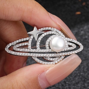 Women's Pearl Brooch, Art Deco Brooch, Pearl Brooch, Unique Galaxy Brooch, Astral Planet Brooch, Women's Pin, Scarf Pin, Gift for Her，Zircon