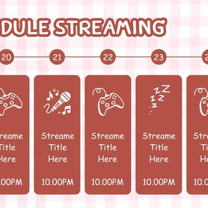 Pode incluir: Gr&aacute;fico rosa e branco com o texto "SCHEDULE STREAMING" e um cronograma de eventos de streaming. Cada dia tem um t&iacute;tulo, hora e &iacute;cones que representam o conte&uacute;do, como um microfone ou um controle de videogame.