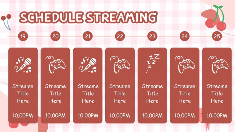 Pode incluir: Gr&aacute;fico rosa e branco com o texto "SCHEDULE STREAMING" e um cronograma de eventos de streaming. Cada dia tem um t&iacute;tulo, hora e &iacute;cones que representam o conte&uacute;do, como um microfone ou um controle de videogame.