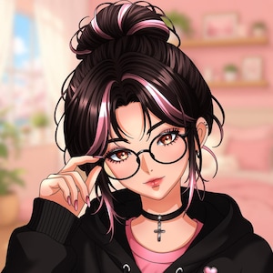 May include: An anime-style illustration of a person with dark hair styled in a high bun with pink highlights, wearing round black-rimmed glasses, a black choker with a silver cross pendant, and a black hooded sweatshirt over a pink shirt.