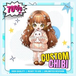 May include: A digital illustration of a chibi elf character with long brown hair adorned with small white flowers, wearing a beige cable-knit sweater and holding a small white rabbit. The image includes text reading 70% OFF, CUSTOM CHIBI, HIGH QUALITY, READY TO USE, and UNLIMITED REVISION.