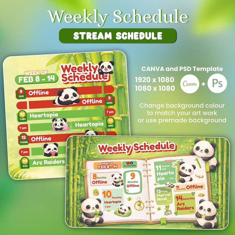 Pode incluir: Um modelo digital de agenda semanal com tema panda. O design inclui o texto "Weekly Schedule" e "Stream Schedule". A agenda &eacute; para a semana de 8 a 14 de fevereiro, com ilustra&ccedil;&otilde;es de pandas e detalhes de eventos. O modelo est&aacute; dispon&iacute;vel nos formatos Canva e PSD.