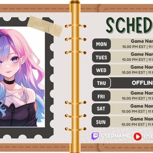 Pode incluir: Modelo de programa&ccedil;&atilde;o digital com uma garota de anime com cabelo roxo e azul. A programa&ccedil;&atilde;o inclui os dias da semana, hor&aacute;rios de jogos e a palavra "OFFLINE". Inclui &iacute;cones de m&iacute;dia social e nomes de usu&aacute;rio.