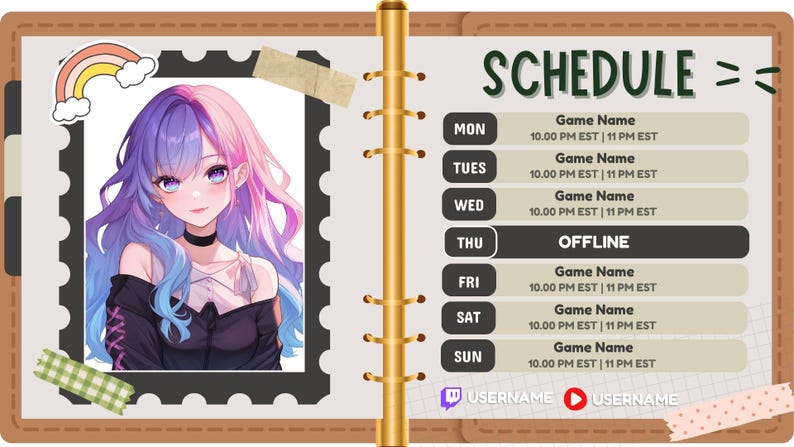 Pode incluir: Modelo de programa&ccedil;&atilde;o digital com uma garota de anime com cabelo roxo e azul. A programa&ccedil;&atilde;o inclui os dias da semana, hor&aacute;rios de jogos e a palavra "OFFLINE". Inclui &iacute;cones de m&iacute;dia social e nomes de usu&aacute;rio.