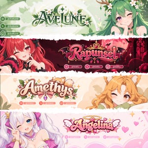 May include: Four horizontal digital banners featuring anime-style characters and text. The banners display the names Avelune, Rapunsel, Amethys, and Angelina, each accompanied by social media handles and distinct color palettes of green, red, beige, and pink.