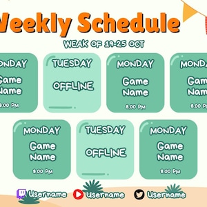 Pode incluir: Um gr&aacute;fico de hor&aacute;rio semanal colorido com o texto "Weekly Schedule" e "Week of 19-25 Oct". Apresenta uma ilustra&ccedil;&atilde;o de macaco e elefante, juntamente com um cacto e banners decorativos. O hor&aacute;rio inclui dias da semana e hor&aacute;rios para "Game Name".