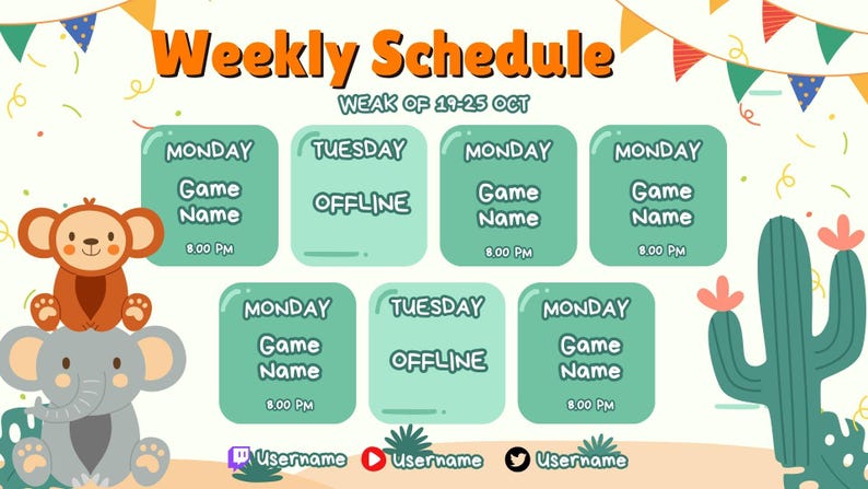 Pode incluir: Um gr&aacute;fico de hor&aacute;rio semanal colorido com o texto "Weekly Schedule" e "Week of 19-25 Oct". Apresenta uma ilustra&ccedil;&atilde;o de macaco e elefante, juntamente com um cacto e banners decorativos. O hor&aacute;rio inclui dias da semana e hor&aacute;rios para "Game Name".