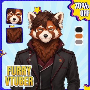 May include: A digital illustration of a red panda character wearing a black jacket with a dark red shirt underneath. The character has brown hair and fur. The image includes text reading 70% OFF and FURRY VTUBER, along with color swatches and two smaller inset views of the character's face and chest fur.