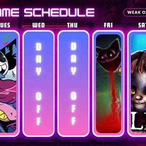 Pode incluir: Um gr&aacute;fico de programa&ccedil;&atilde;o de streaming com um fundo gradiente roxo e rosa. A programa&ccedil;&atilde;o &eacute; dividida em sete dias, cada um com uma ilustra&ccedil;&atilde;o diferente. O texto "STREAME SCHEDULE" e "WEAK OFF 19-25 OCT 2025" est&atilde;o no topo.