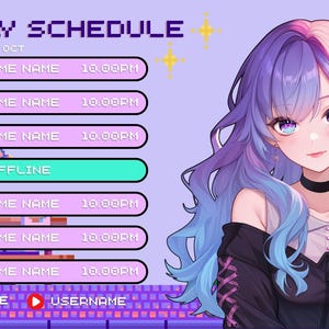Pode incluir: Gr&aacute;fico de arte digital com um cronograma semanal para a semana de 19 a 25 de outubro. A programa&ccedil;&atilde;o inclui hor&aacute;rios para "Game Name" &agrave;s 22h00, com um dia marcado como "Offline". Um personagem de estilo anime com cabelo roxo e rosa est&aacute; &agrave; direita.