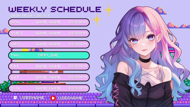 Pode incluir: Gr&aacute;fico de arte digital com um cronograma semanal para a semana de 19 a 25 de outubro. A programa&ccedil;&atilde;o inclui hor&aacute;rios para "Game Name" &agrave;s 22h00, com um dia marcado como "Offline". Um personagem de estilo anime com cabelo roxo e rosa est&aacute; &agrave; direita.