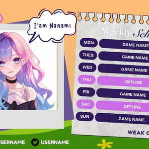 Pode incluir: Gr&aacute;fico digital com um personagem em estilo anime com cabelo roxo e azul, um colar preto e uma programa&ccedil;&atilde;o semanal. A programa&ccedil;&atilde;o inclui hor&aacute;rios de jogos e dias offline, com o texto "I'm Nanami" e nomes de usu&aacute;rio de m&iacute;dia social.