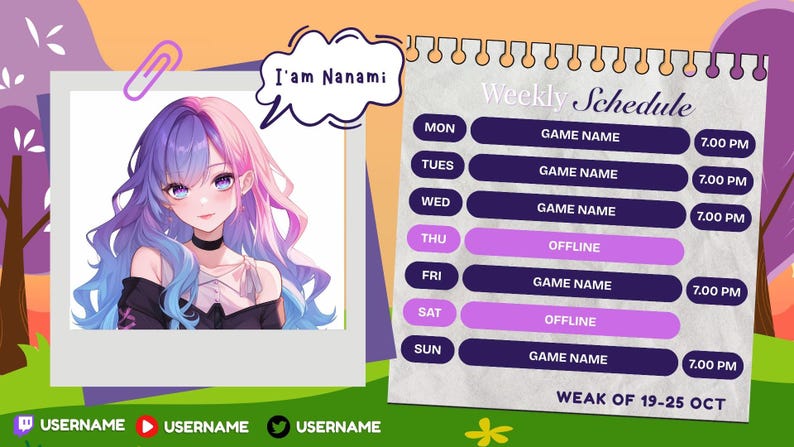 Pode incluir: Gr&aacute;fico digital com um personagem em estilo anime com cabelo roxo e azul, um colar preto e uma programa&ccedil;&atilde;o semanal. A programa&ccedil;&atilde;o inclui hor&aacute;rios de jogos e dias offline, com o texto "I'm Nanami" e nomes de usu&aacute;rio de m&iacute;dia social.