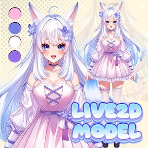 Op de afbeelding: Een digitale illustratie van een anime-figuur met lang wit haar, vossenoren en blauwe ogen, gekleed in een lichtroze jurk met paarse lintveters. Het personage heeft blauwe bloemen in het haar en de tekst LIVE2D MODEL is zichtbaar.