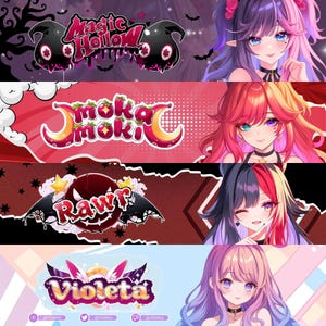Könnte beinhalten: Eine Collage aus vier Bannern mit Illustrationen und Text im Anime-Stil. Die Banner zeigen die Sätze "Magic Hollow", "Smoka Moki", "Rawr" und "Violeta". Jedes Banner hat ein einzigartiges Farbschema und Design mit begleitenden Charakterporträts.