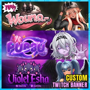 Könnte beinhalten: Werbebild für Twitch-Banner mit Anime-Grafiken. Das Bild enthält den Text "Woumo", "Pubbu", "Violet Esha" und "Custom Twitch Banner". Die Banner haben ein lila und rosa Farbschema mit Anime-Charakteren.