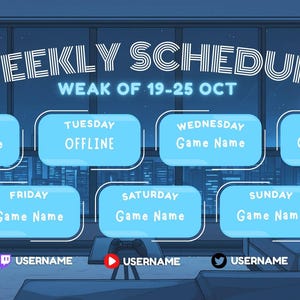 Pode incluir: Gr&aacute;fico em tons de azul para um cronograma semanal, com o texto "WEEKLY SCHEDULE" e "WEEK OF 19-25 OCT." Inclui sete caixas azul-claro para cada dia da semana, com espa&ccedil;o para nomes de jogos e nomes de usu&aacute;rio.