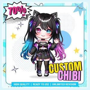 Puede incluir: Una ilustración digital de un personaje chibi con cabello negro con reflejos azules y rosas, orejas de gato y ojos de distinto color. El personaje viste un conjunto negro con una falda que dice Dirty, y el texto CUSTOM CHIBI y 70% OFF.