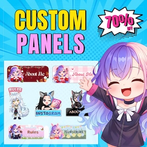 Peut inclure: Panneaux personnalisés avec une fille de style anime aux cheveux violets et roses. Les panneaux incluent des options telles que "About Me", "Rules" et "Subscribe", ainsi que des icônes Instagram et autres réseaux sociaux. Le texte "CUSTOM PANELS" est en jaune et rose.