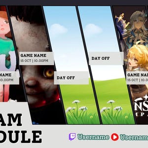 Pode incluir: Gr&aacute;fico de programa&ccedil;&atilde;o de streaming com fundo escuro. Apresenta arte de jogos, o texto "STREAM SCHEDULE" e identificadores de m&iacute;dia social. A programa&ccedil;&atilde;o inclui "GAME NAME" e "DAY OFF" com datas e hor&aacute;rios.