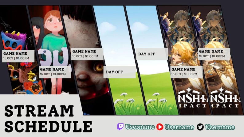 Pode incluir: Gr&aacute;fico de programa&ccedil;&atilde;o de streaming com fundo escuro. Apresenta arte de jogos, o texto "STREAM SCHEDULE" e identificadores de m&iacute;dia social. A programa&ccedil;&atilde;o inclui "GAME NAME" e "DAY OFF" com datas e hor&aacute;rios.