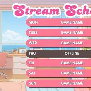 Pode incluir: Gr&aacute;fico de programa&ccedil;&atilde;o de stream rosa e branco com o texto "Stream Schedule". A programa&ccedil;&atilde;o inclui os dias da semana, o nome do jogo e a hora. O fundo mostra uma sala com uma mesa, cadeira e janela com vista para o oceano.