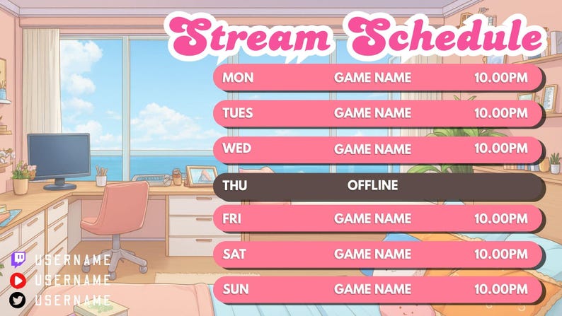 Pode incluir: Gr&aacute;fico de programa&ccedil;&atilde;o de stream rosa e branco com o texto "Stream Schedule". A programa&ccedil;&atilde;o inclui os dias da semana, o nome do jogo e a hora. O fundo mostra uma sala com uma mesa, cadeira e janela com vista para o oceano.