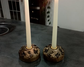 Candlestick (SET OF 2) Low stand candlestick. Pine wood carved. Thing from frogs relief or viking relief