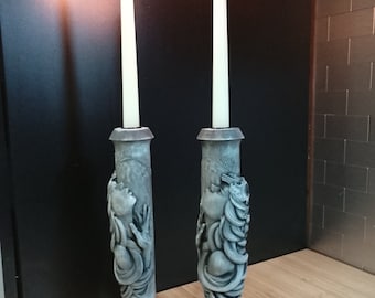 Candlestick holders, SET OF 2, shaman girl carved into hard maple wood. Antique gray color. 300mm height x 63mm.