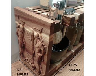 Wooden shelf for shaving accessories made of acacia wood. Shaving brush, razor, shaving soap and bowl stand.