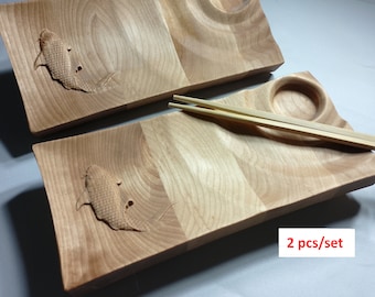 Sushi service plate, service tray, hard wood carved (set of 2pcs).