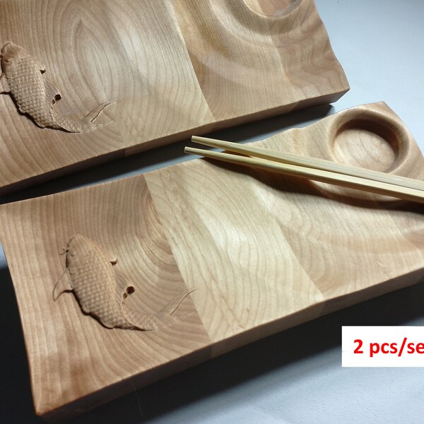 Sushi service plate, service tray, hard wood carved (set of 2pcs).