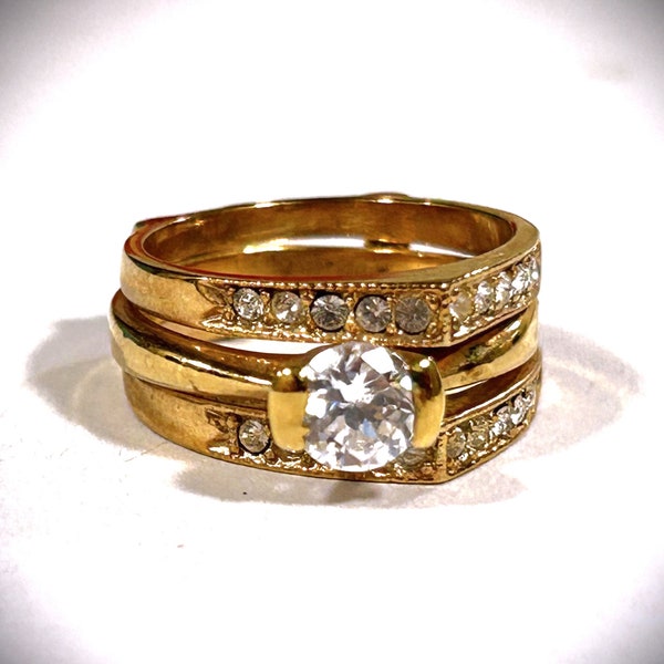 Vtg Cubic Zirconia Ring Signed 18K Gold Filled GF 2 Band Combo Set 5 1/2 Rhinestone Faux Diamond Round Cut Bar Channel Setting Marked Inside
