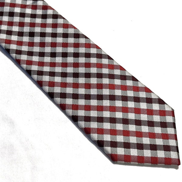 Vtg Polyester Neck Tie Design J Ferrar JF Designer Retro 70s Brady Bunch Costume Geometric Mod Square Plaid Print Red Burgundy Dress Casual