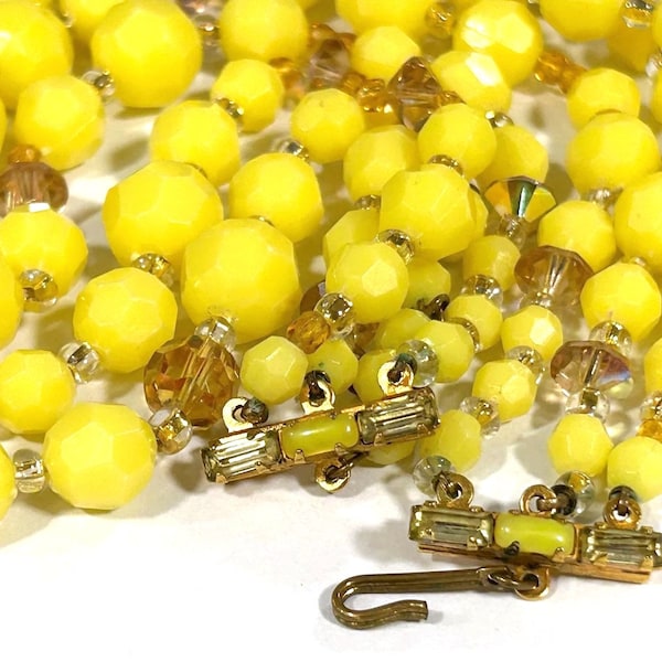 vintage Lemon Ice Multi Strand Collier En Plastique À Facettes AB Doré Cristal Perle Brins Baguette Strass Accent Antique Crochet Fermoir Fermeture