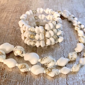 Vtg Old West Germany Parure Milk Glass Beads Gold Art Swirl Painted Splatter Graffiti Beaded Necklace 3 Row Strand Wrap Bracelet Set Signed