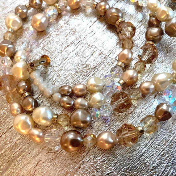 Vintage Crystal Multi Strand Beaded Necklace Gold 