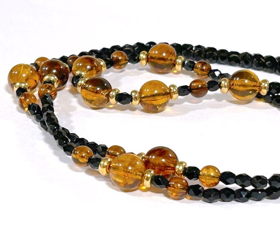 Vintage Classic MONET Beaded Long Necklace Jet Bl… - image 1