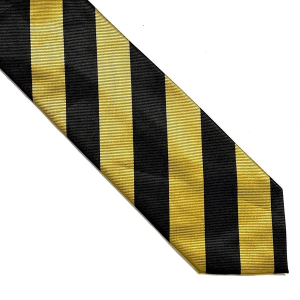 Vintage Men's Jacob Alexander Designer Neck Tie Microfiber Fabric Dark Navy Gold Ribbon Diagonal Lines Stripe Classic Design Preppy Uniform