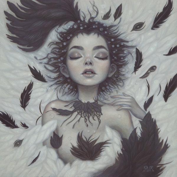 Serene Reverie - 12x12 Björk Vespertine Album Cover Oil Painting Print, Modern Eden Gallery Exhibition, Surrealism Art, San Francisco 2023