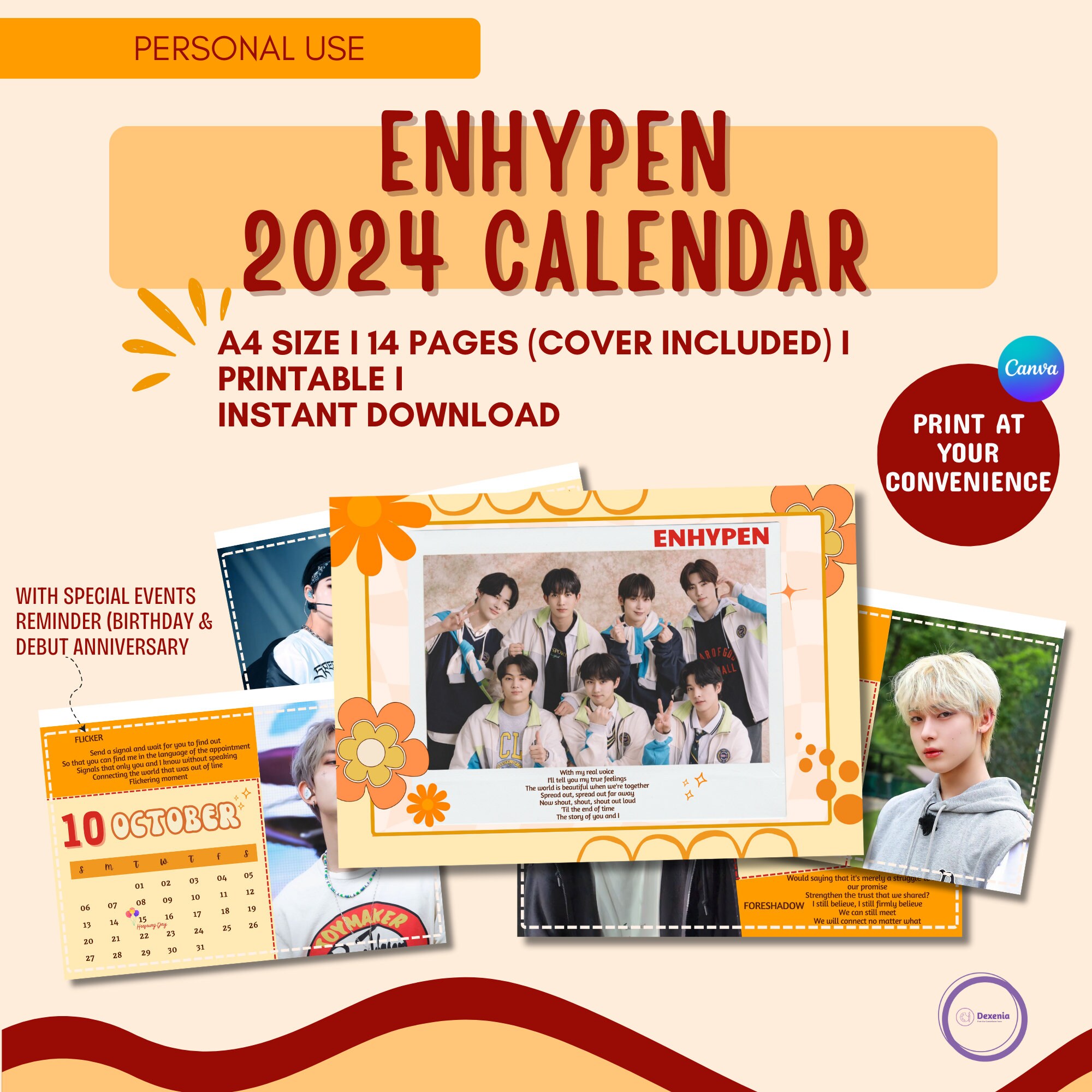 ENHYPEN 2024 CALENDAR L Printable Pdf Instant Download Orange ENHYPEN