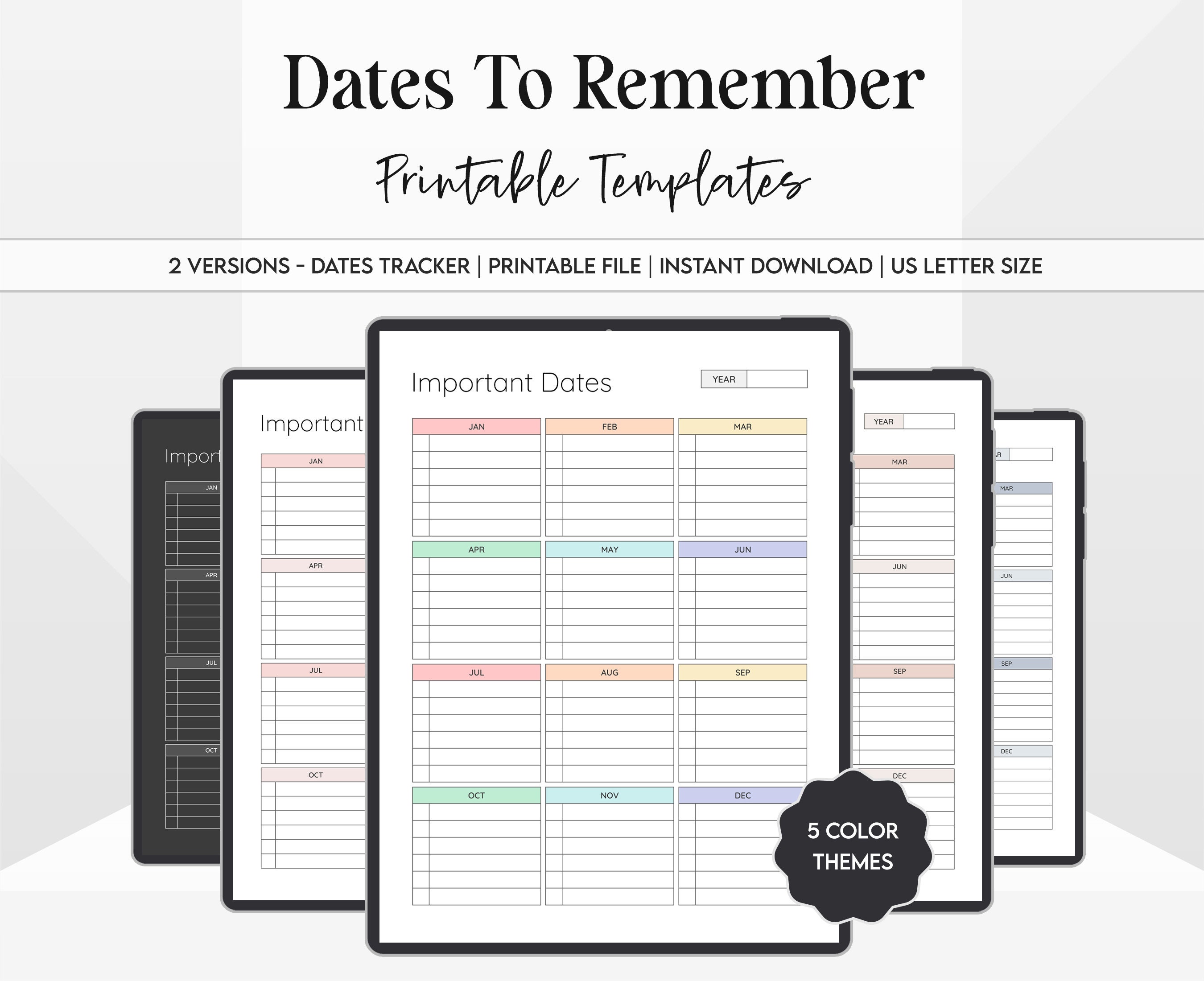 Printable Dates to Remember Template, Important Dates Tracker, Date
